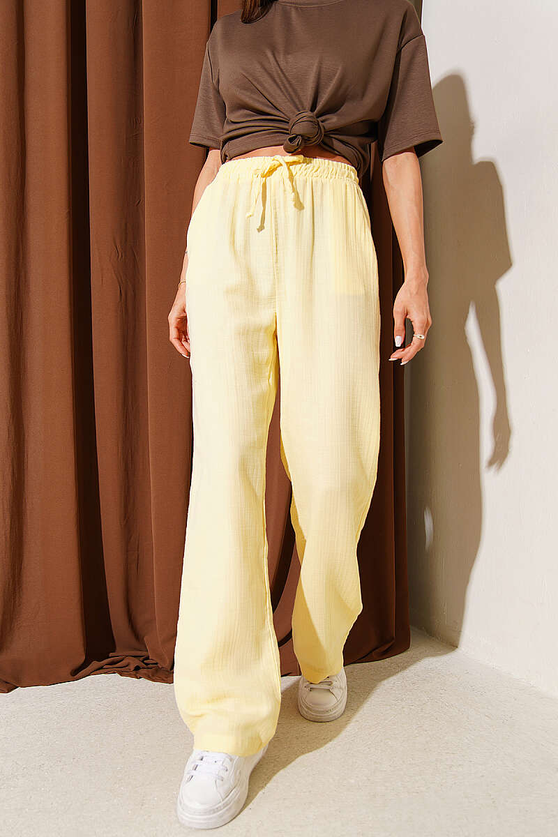 Muslin Trousers with Pockets and Elastic Waist - Yellow