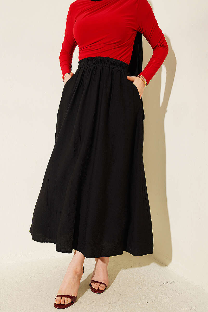 Basic Skirt with Pockets and Elastic Waist - Black