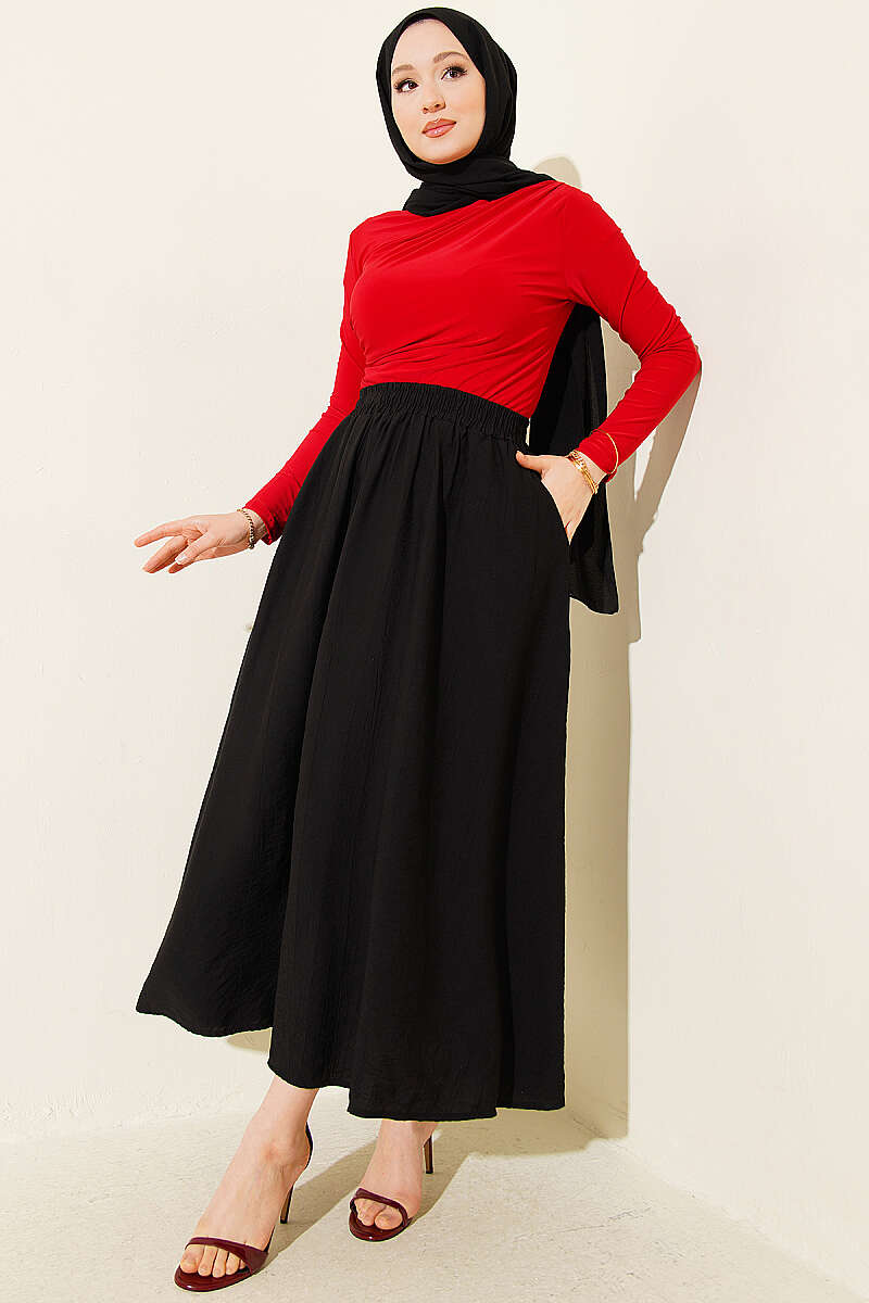 Basic Skirt with Pockets and Elastic Waist - Black