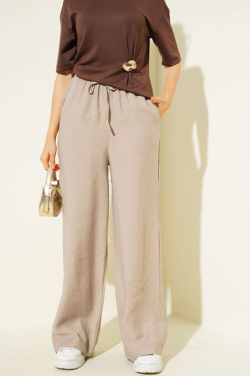 Wide-Leg Modal Trousers with Pockets and Elastic Waist - Stone