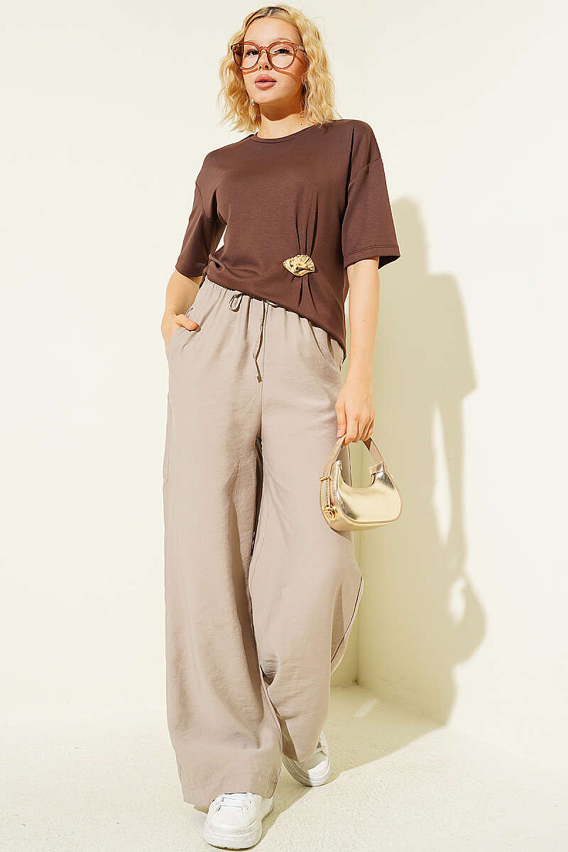 Wide-Leg Modal Trousers with Pockets and Elastic Waist - Stone
