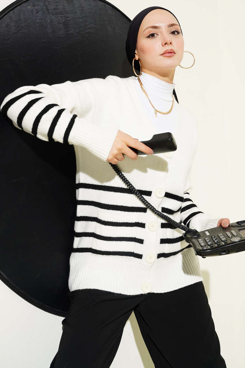 Striped Knit Cardigan with Pockets - Ecru