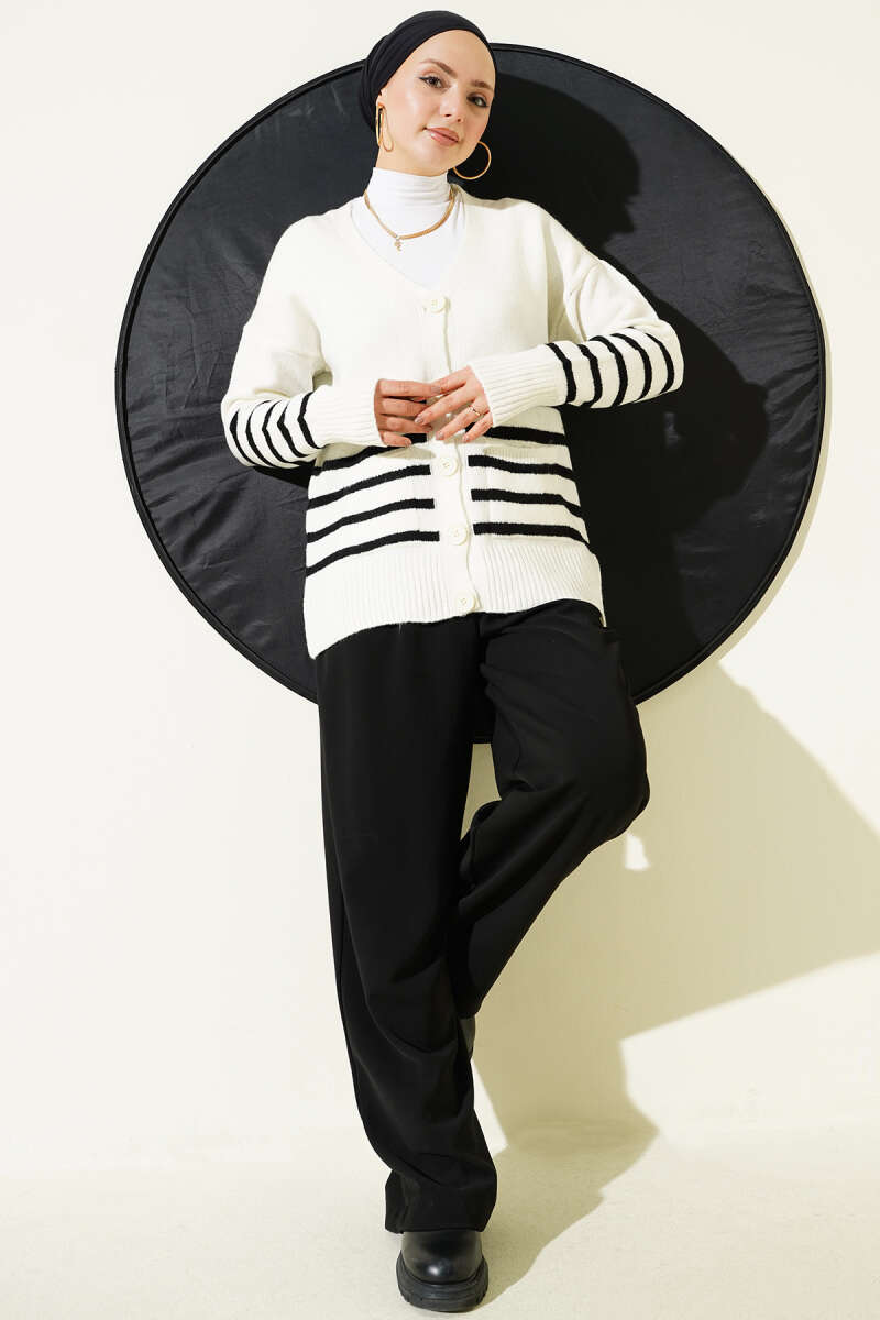 Striped Knit Cardigan with Pockets - Ecru