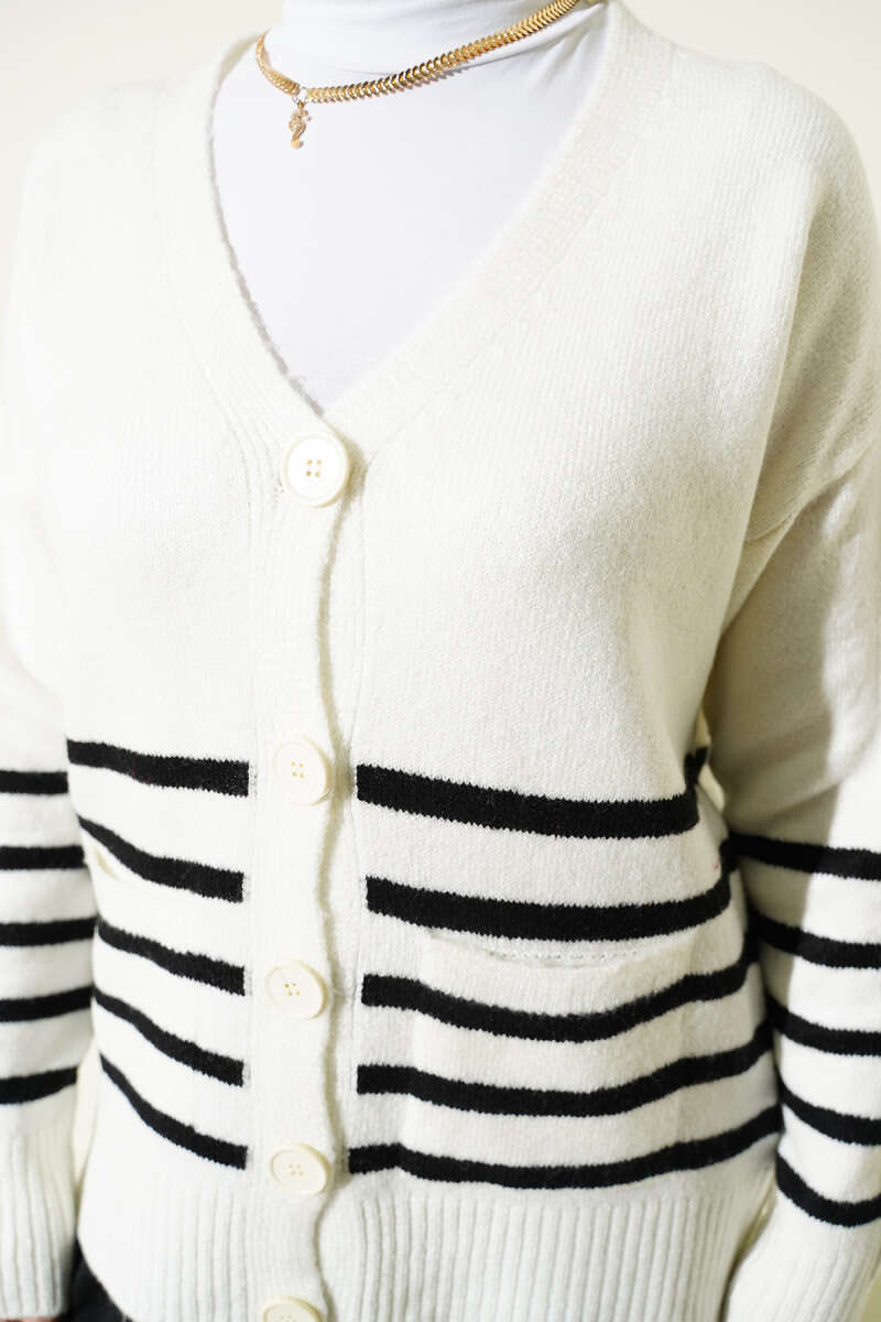 Striped Knit Cardigan with Pockets - Ecru