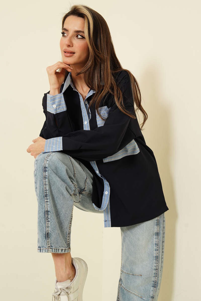 Pocket Shirt with Stripe Trim - Navy