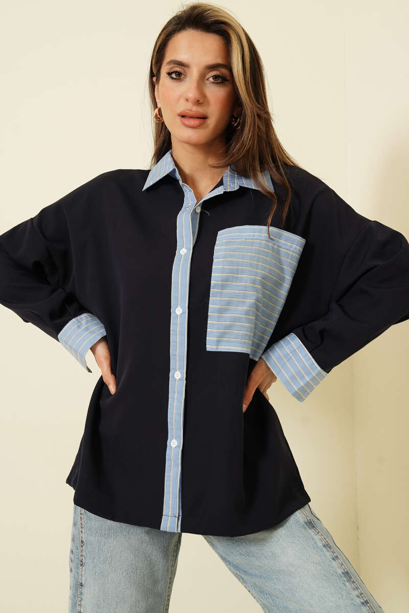 Pocket Shirt with Stripe Trim - Navy