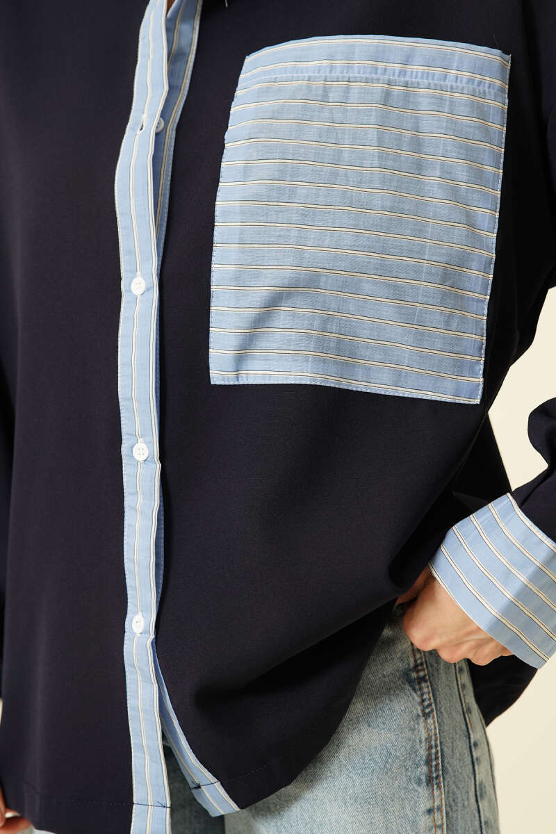 Pocket Shirt with Stripe Trim - Navy