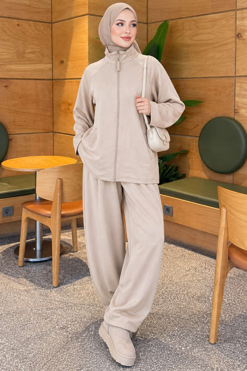 Zip-Pocket Harem Pants Two-Piece Set - Beige
