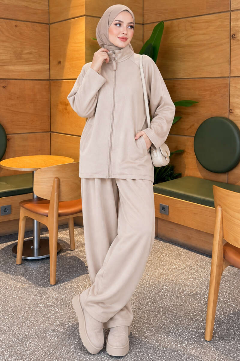 Zip-Pocket Harem Pants Two-Piece Set - Beige