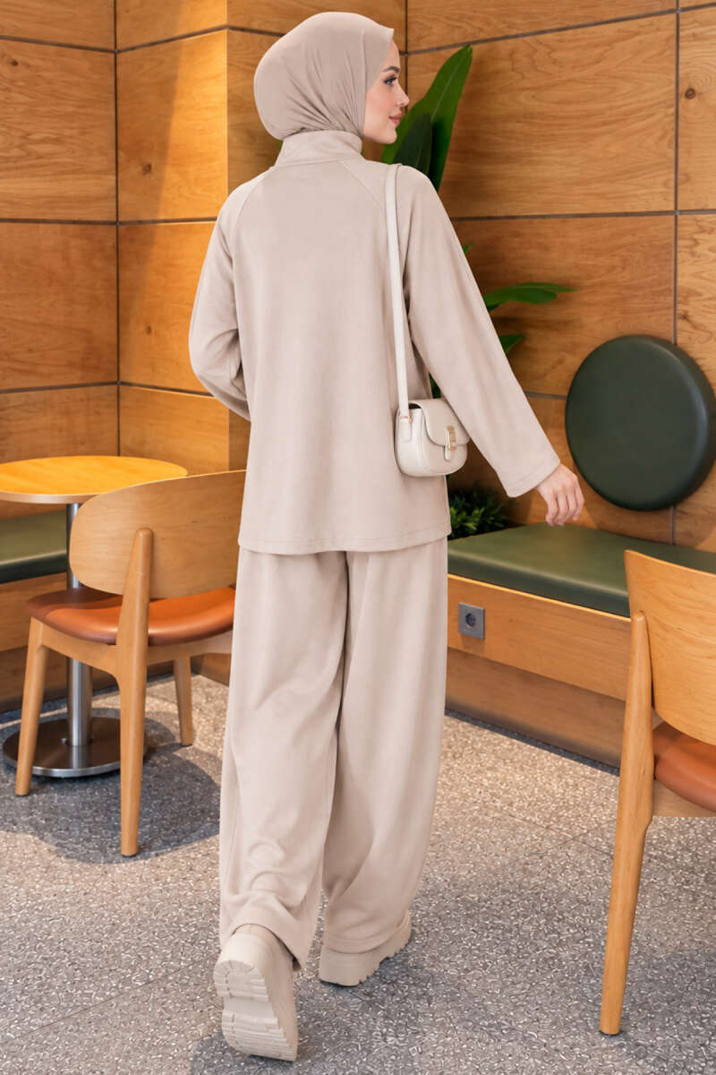 Zip-Pocket Harem Pants Two-Piece Set - Beige