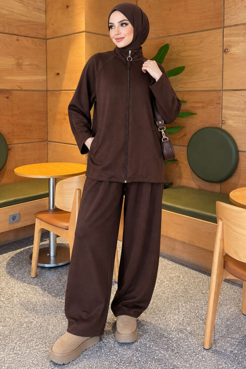 Zip-Pocket Harem Pants Two-Piece Set - Brown