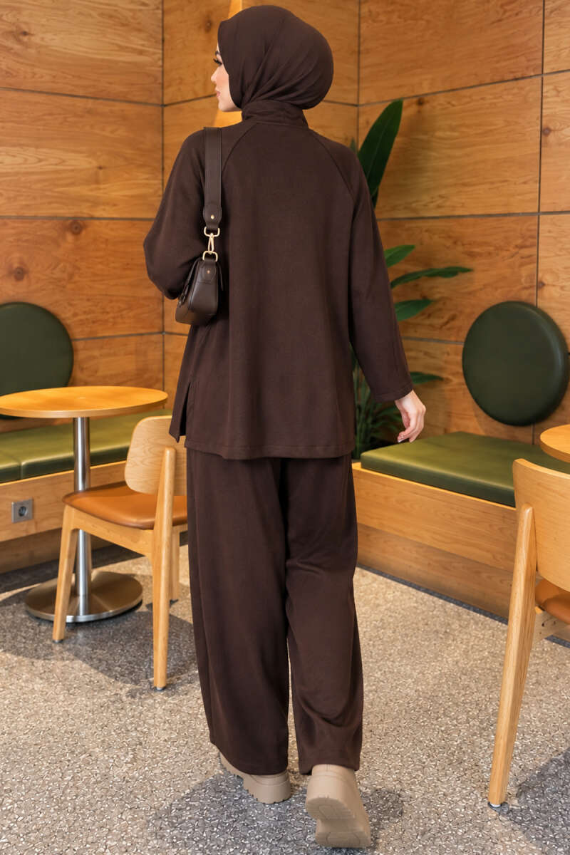 Zip-Pocket Harem Pants Two-Piece Set - Brown