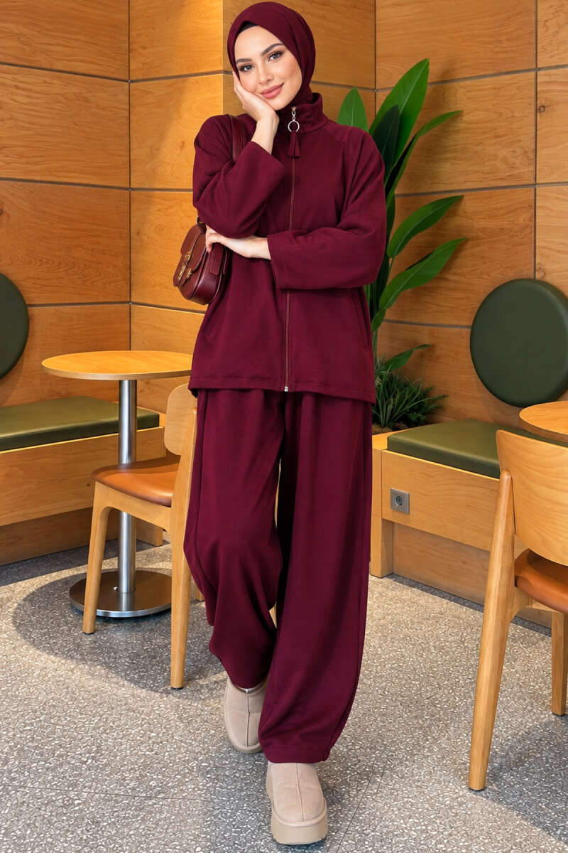 Zip-Pocket Harem Pants Two-Piece Set - Plum