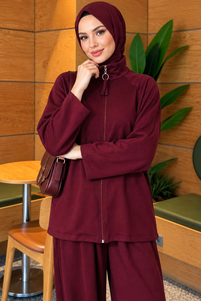 Zip-Pocket Harem Pants Two-Piece Set - Plum