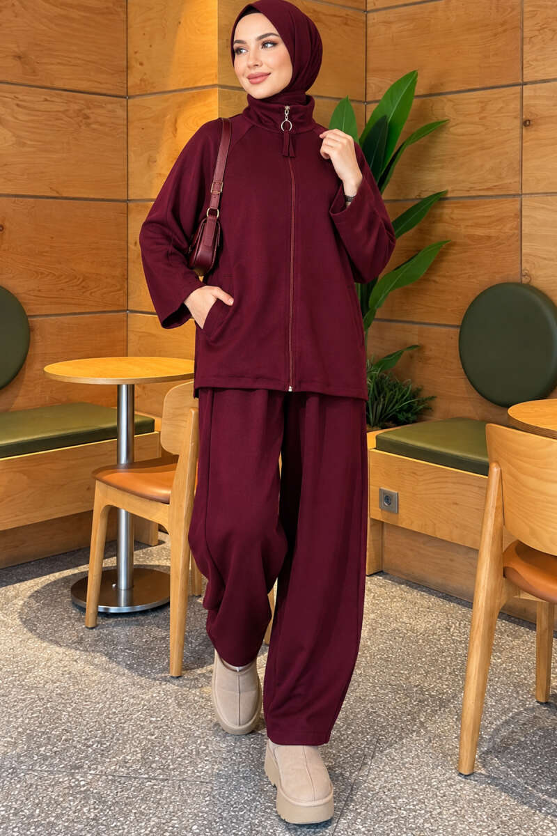Zip-Pocket Harem Pants Two-Piece Set - Plum