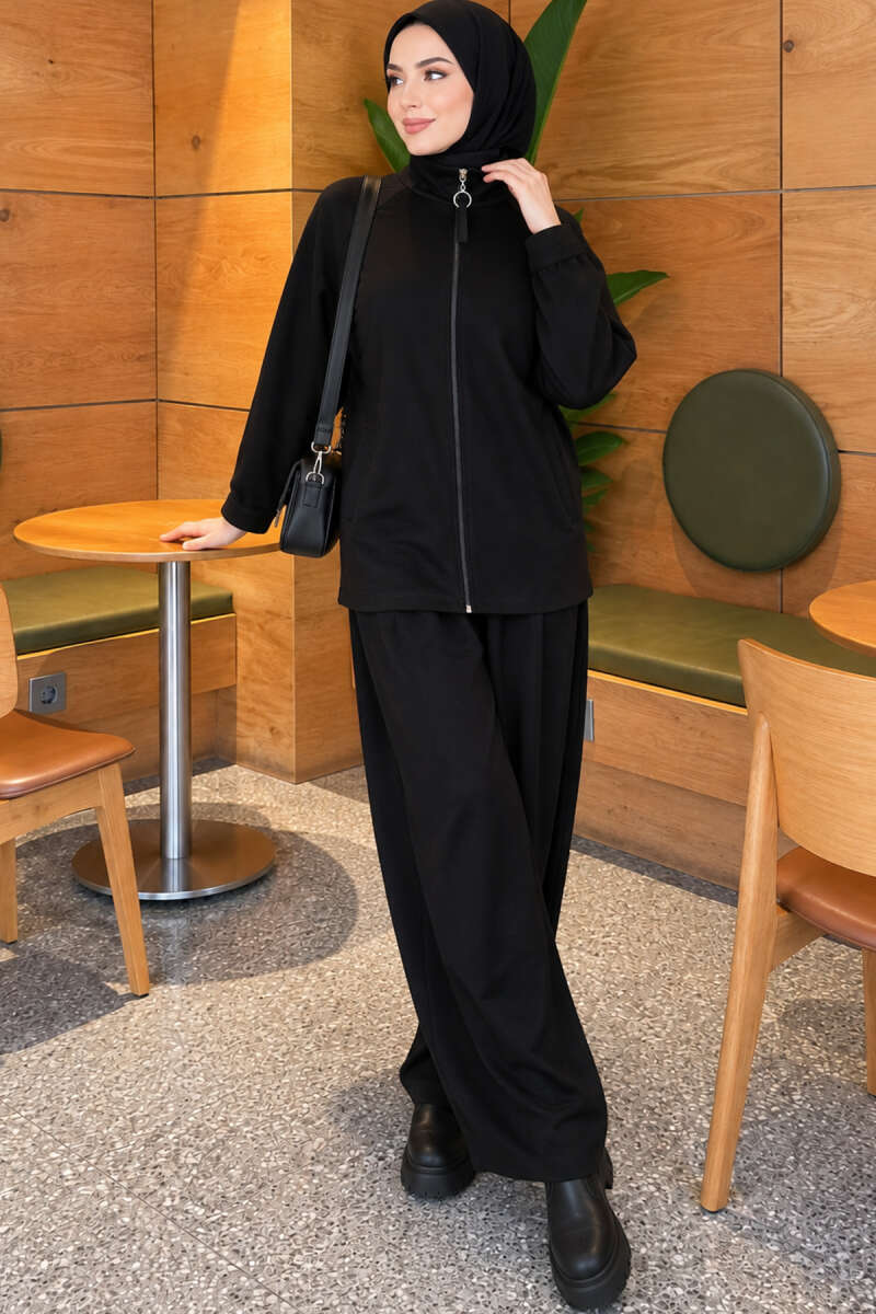 Zip-Pocket Harem Pants Two-Piece Set - Black