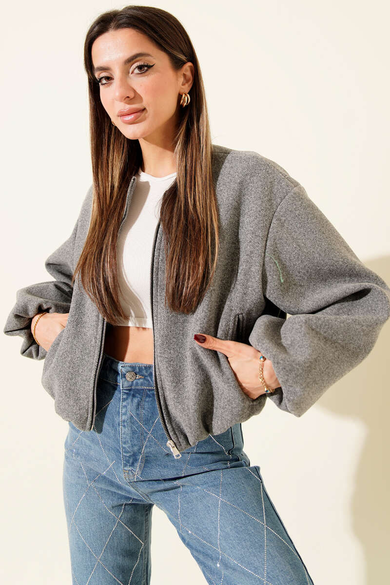 Short Felt Zip Jacket with Pockets - Grey