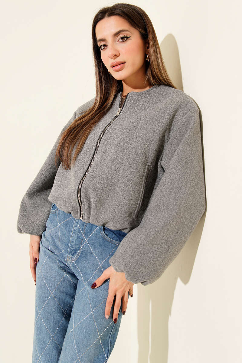 Short Felt Zip Jacket with Pockets - Grey
