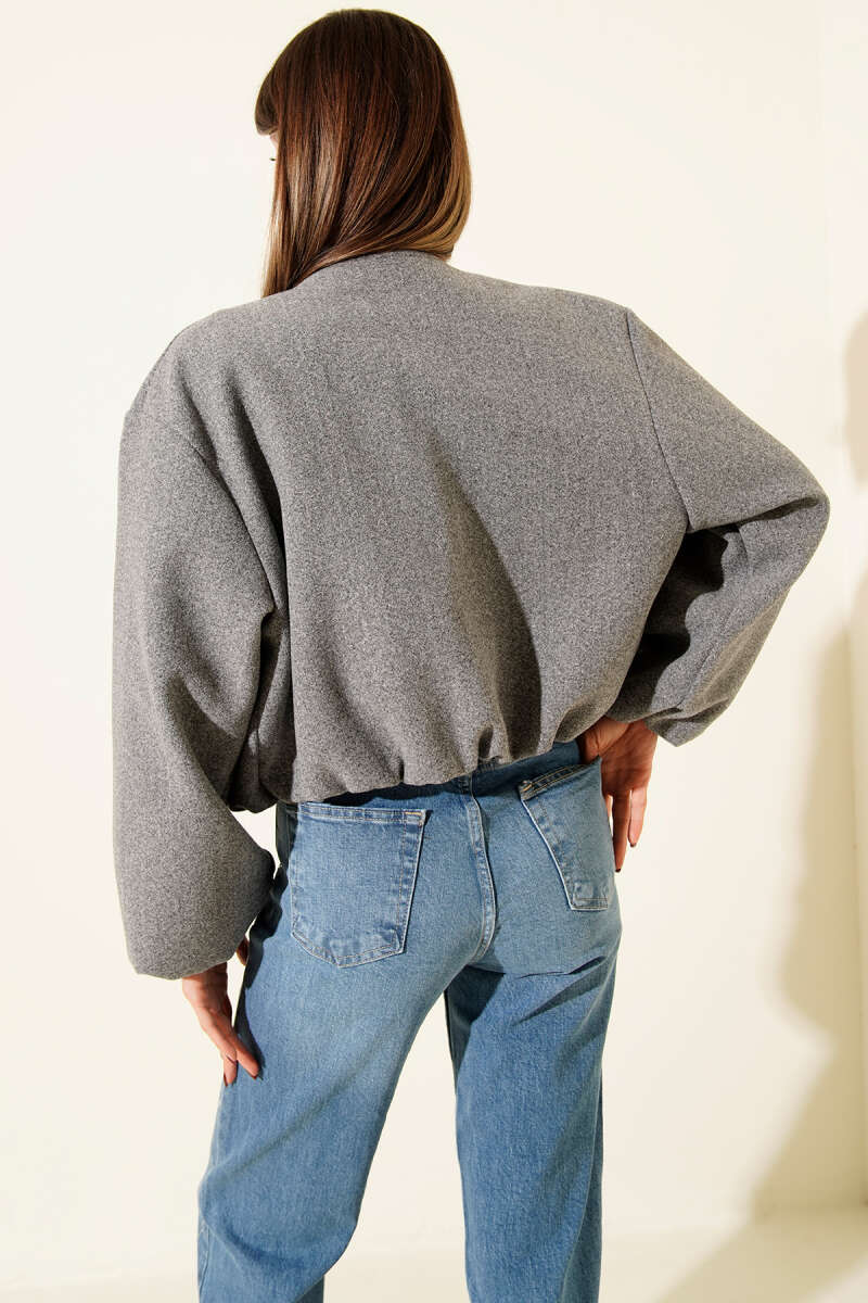 Short Felt Zip Jacket with Pockets - Grey
