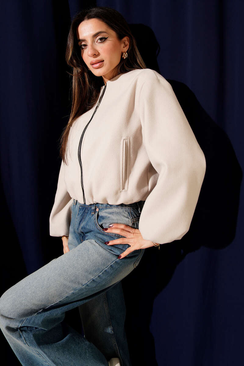Short Felt Zip Jacket with Pockets - Stone