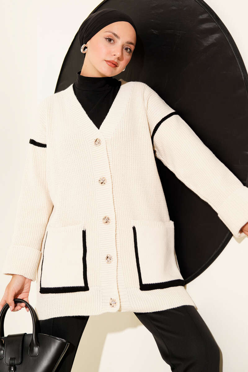 Knit Cardigan with Pockets and Gold Buttons - Beige