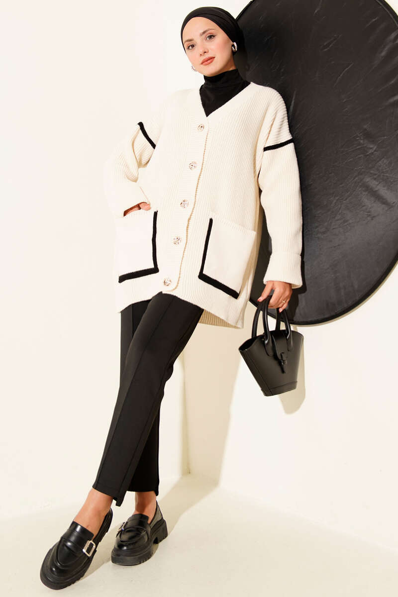 Knit Cardigan with Pockets and Gold Buttons - Beige