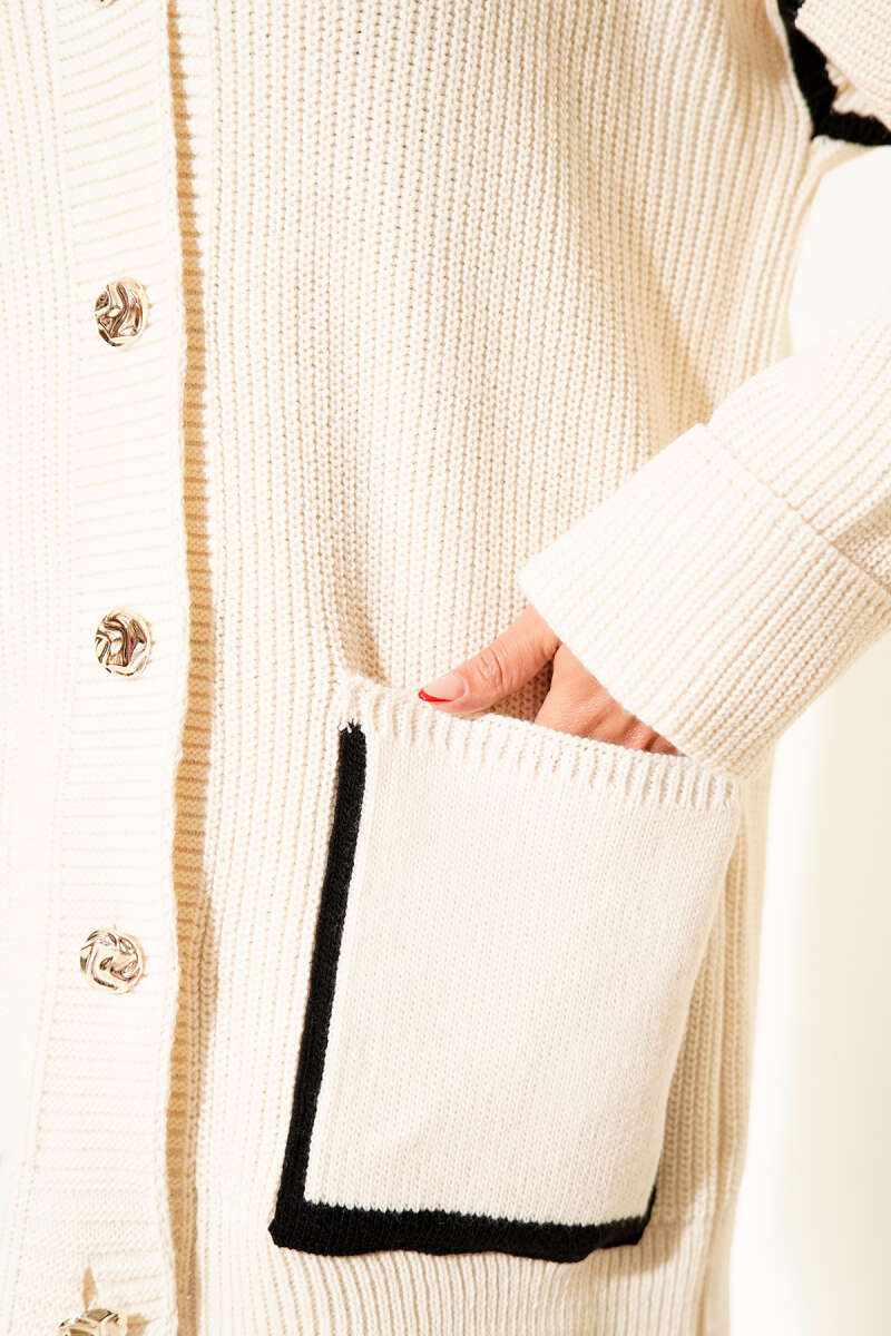 Knit Cardigan with Pockets and Gold Buttons - Beige