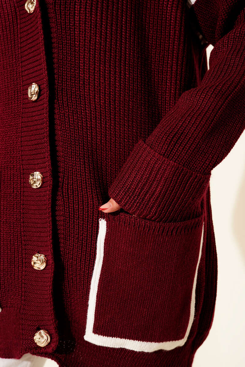 Knit Cardigan with Pockets and Gold Buttons - Burgundy