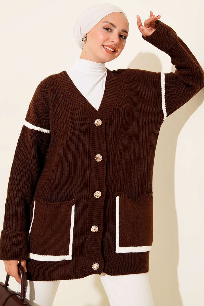 Knit Cardigan with Pockets and Gold Buttons - Brown