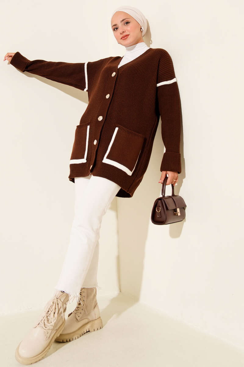 Knit Cardigan with Pockets and Gold Buttons - Brown