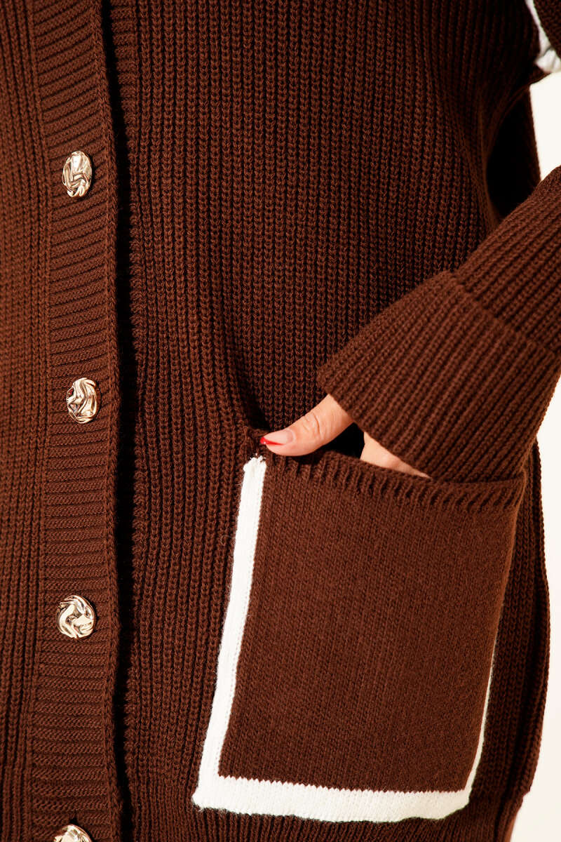Knit Cardigan with Pockets and Gold Buttons - Brown
