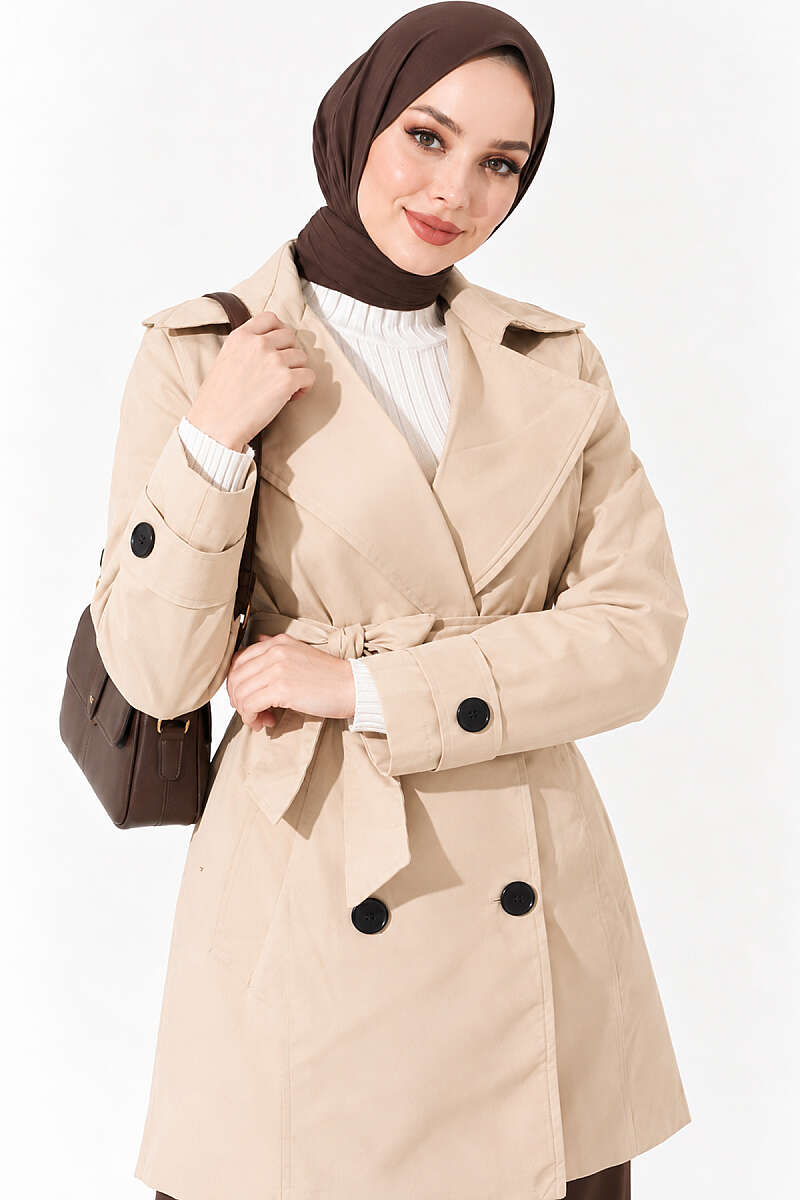 Double-Breasted Trench Coat with Pockets - Beige