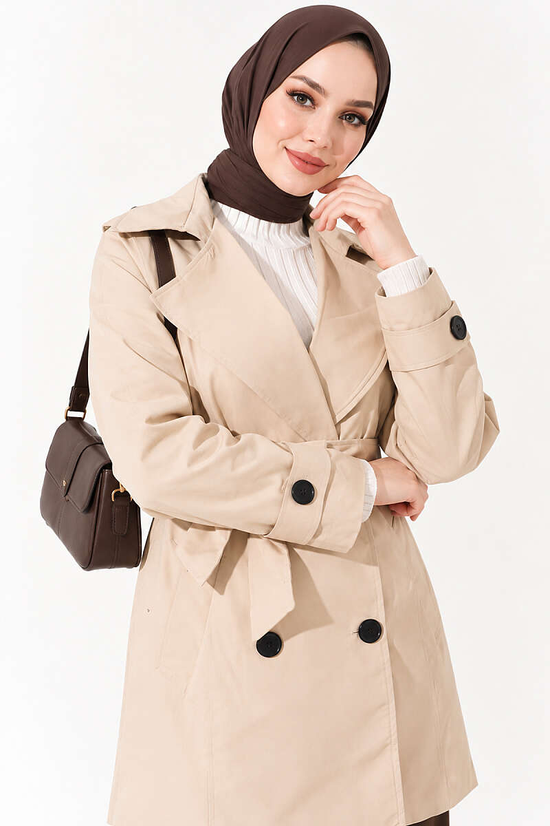 Double-Breasted Trench Coat with Pockets - Beige