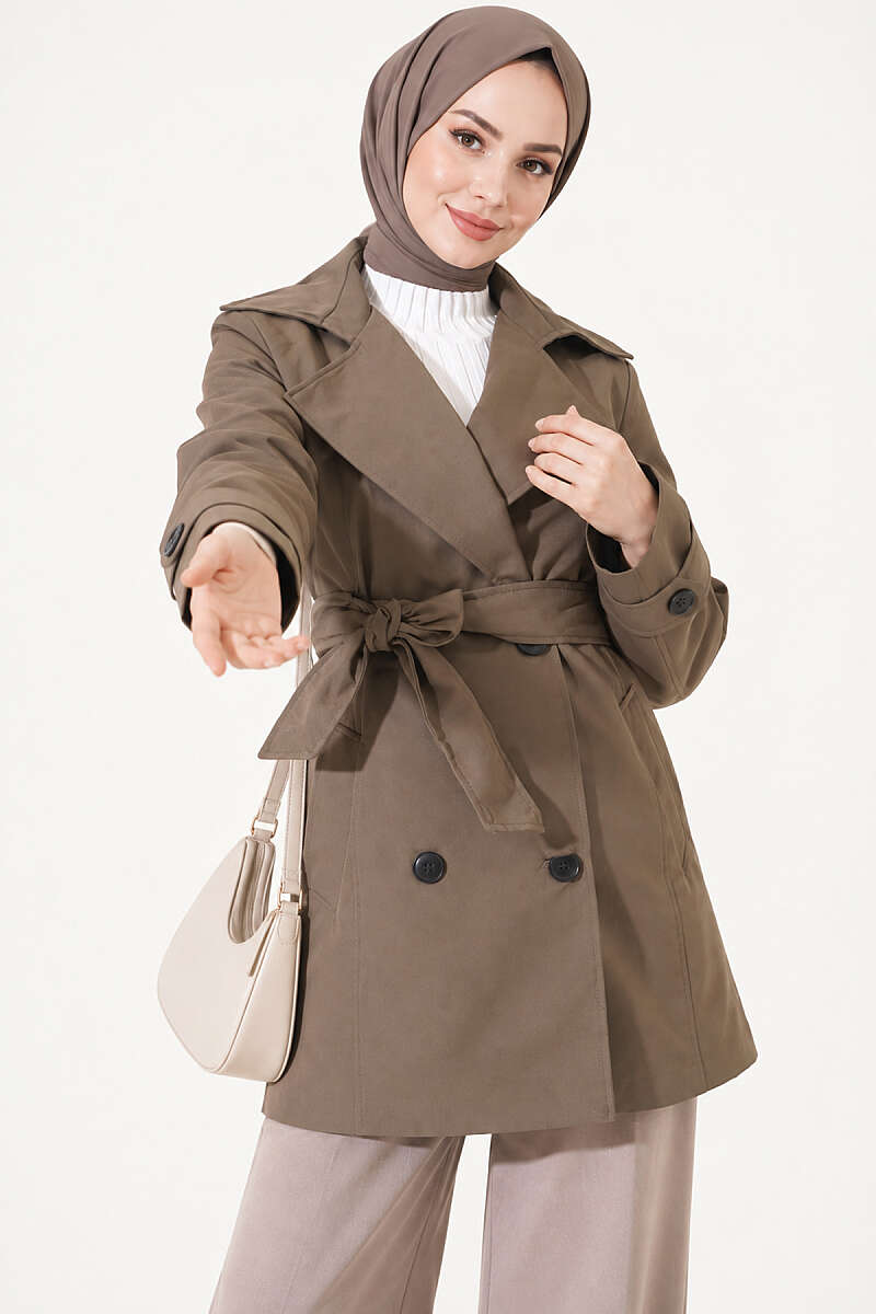 Double-Breasted Trench Coat with Pockets - Khaki
