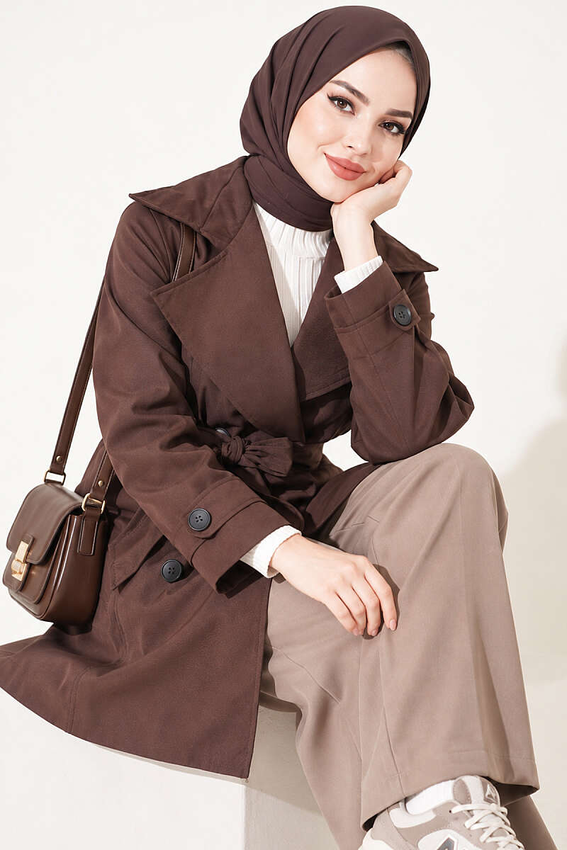 Double-Breasted Trench Coat with Pockets - Brown