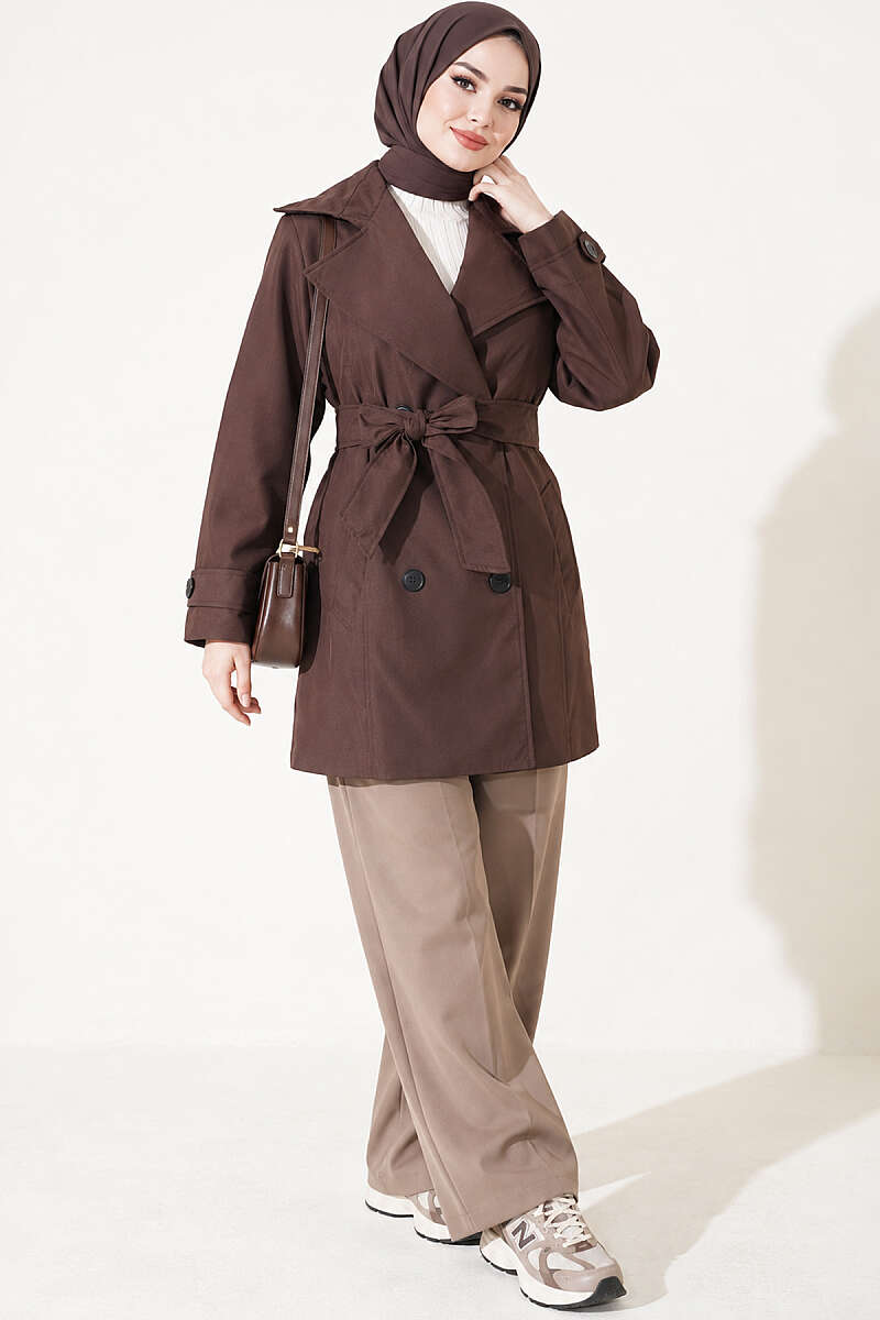 Double-Breasted Trench Coat with Pockets - Brown