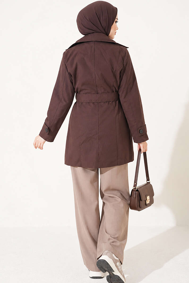 Double-Breasted Trench Coat with Pockets - Brown