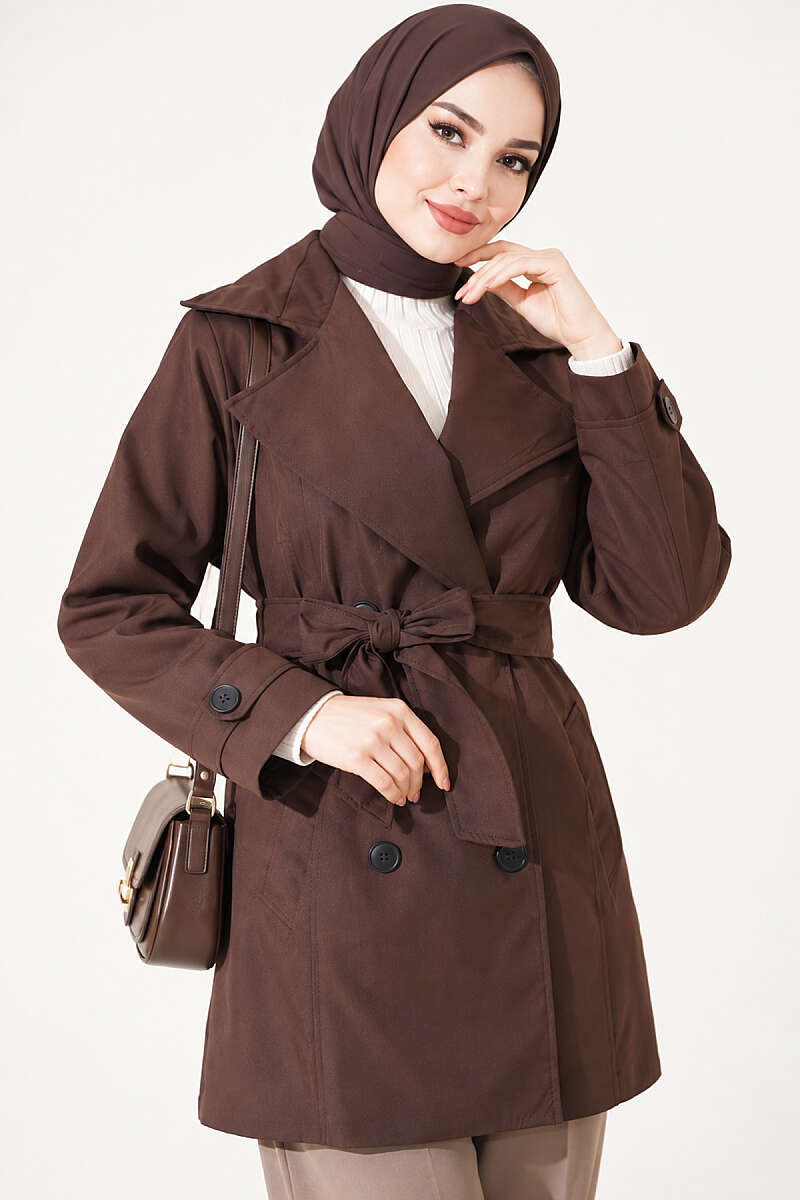 Double-Breasted Trench Coat with Pockets - Brown