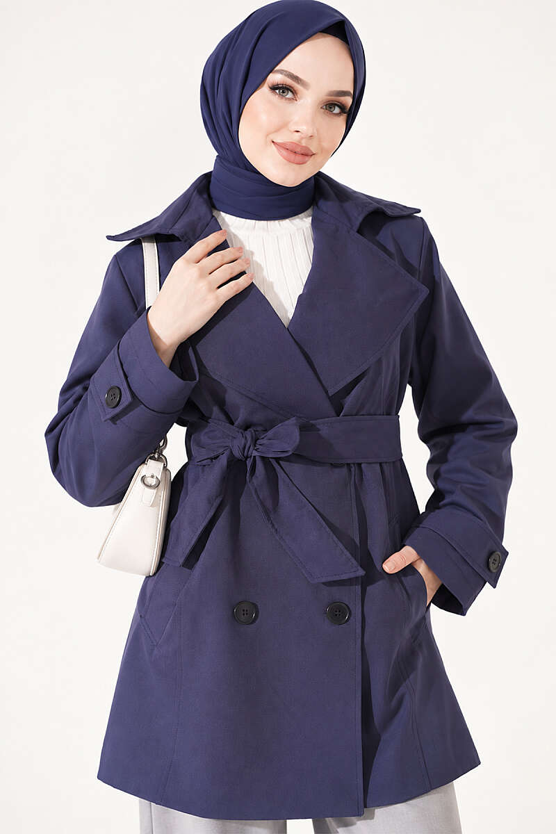 Double-Breasted Trench Coat with Pockets - Navy