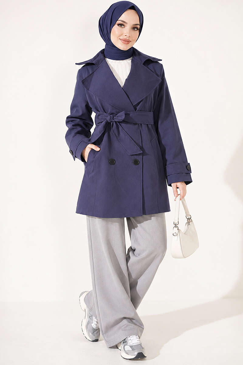 Double-Breasted Trench Coat with Pockets - Navy