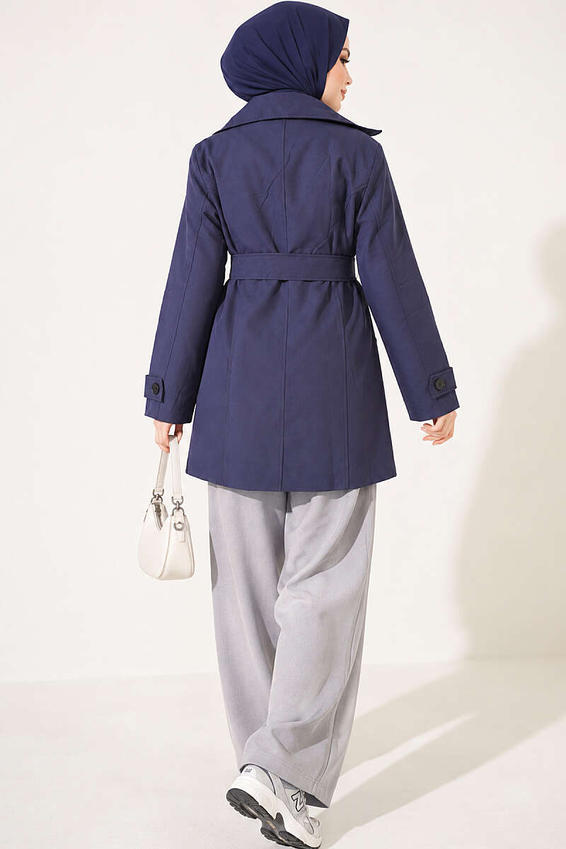Double-Breasted Trench Coat with Pockets - Navy