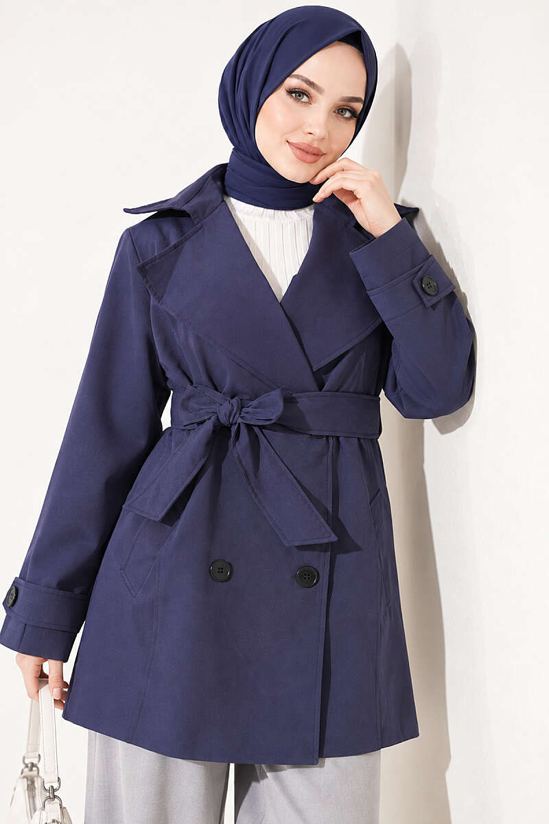 Double-Breasted Trench Coat with Pockets - Navy