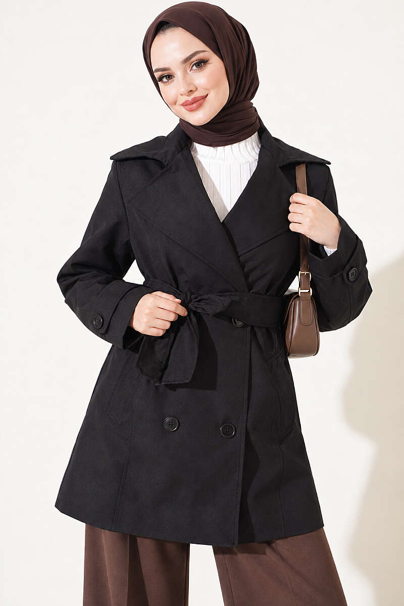 Double-Breasted Trench Coat with Pockets - Black