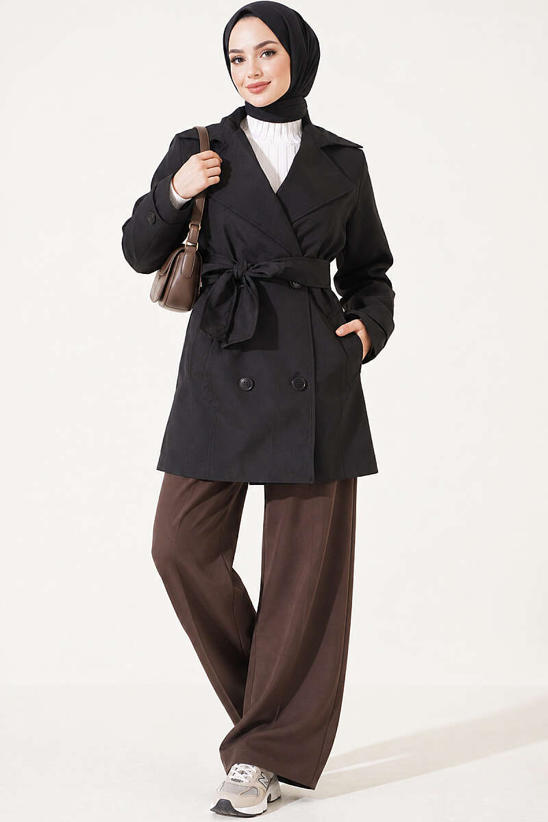 Double-Breasted Trench Coat with Pockets - Black