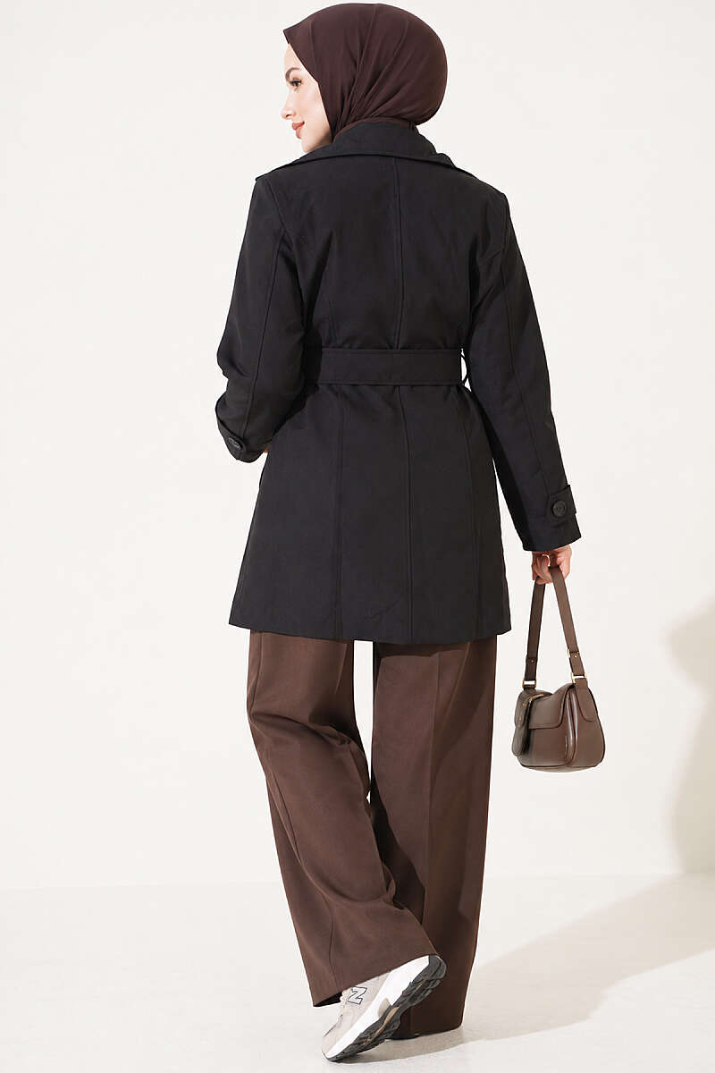 Double-Breasted Trench Coat with Pockets - Black