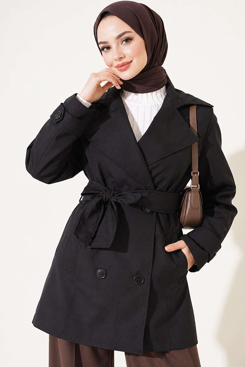 Double-Breasted Trench Coat with Pockets - Black