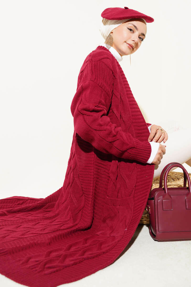 Long Cable-Knit Cardigan with Pockets - Burgundy