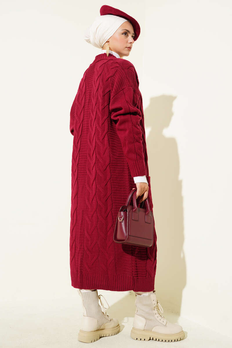 Long Cable-Knit Cardigan with Pockets - Burgundy