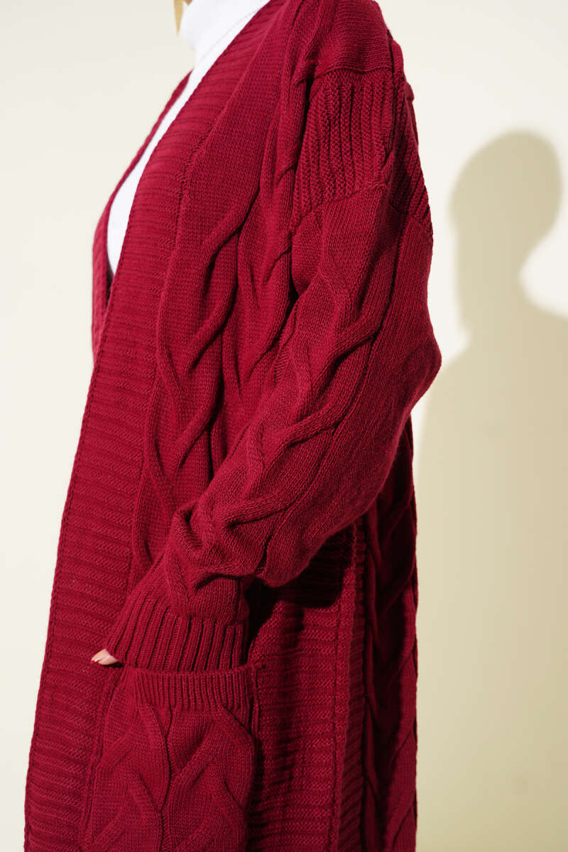 Long Cable-Knit Cardigan with Pockets - Burgundy