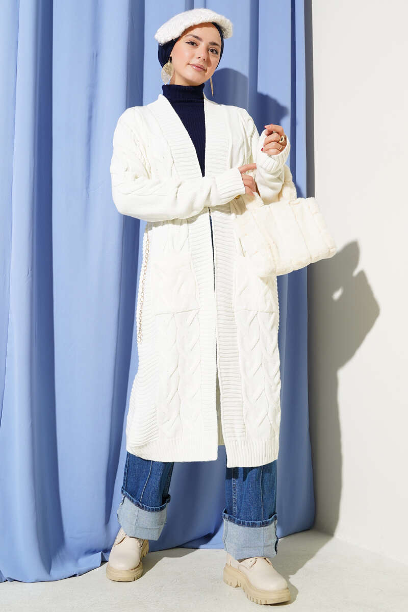 Long Cable-Knit Cardigan with Pockets - Ecru